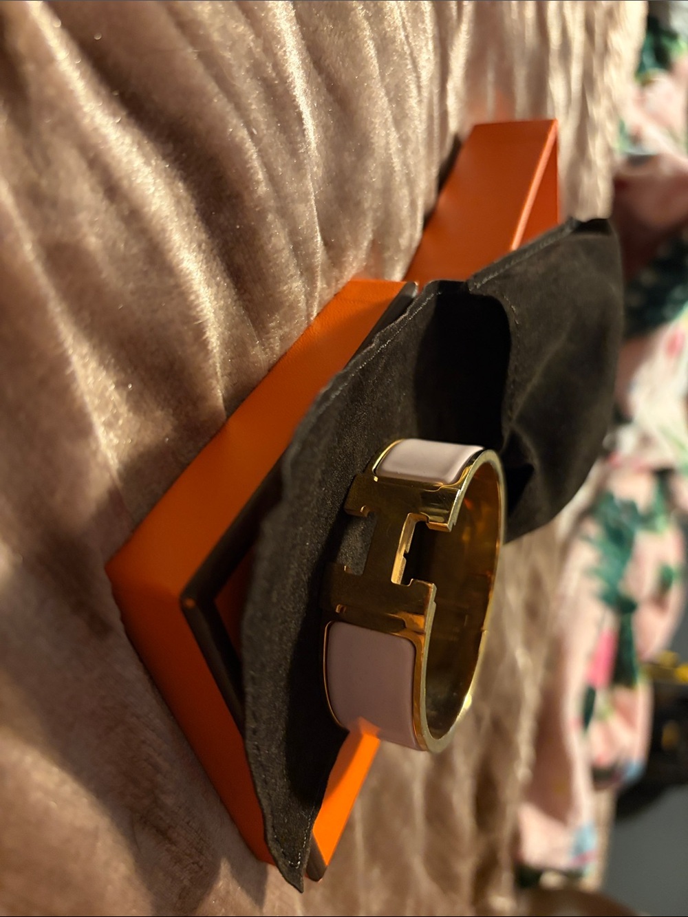 Hermes White Enamel and Gold H Cuff Bracelet